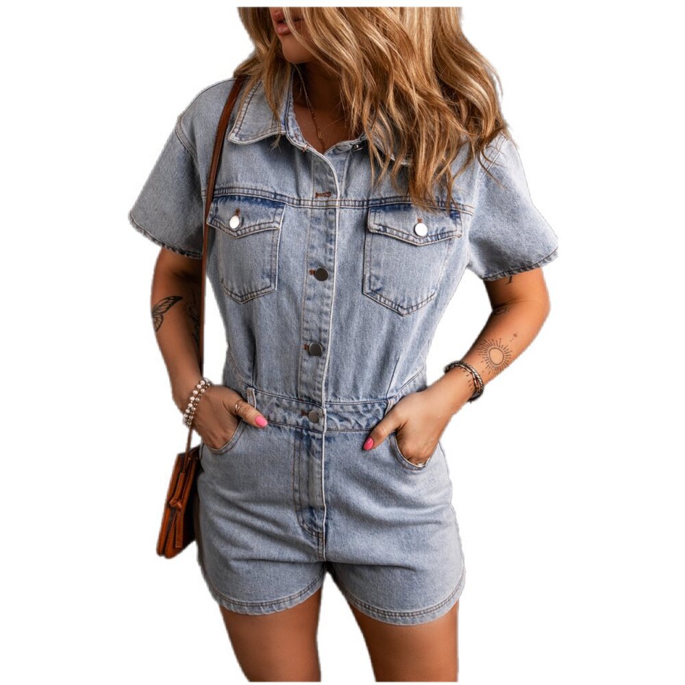 👖 Light Blue Vintage Button-Up Denim Romper – Size M